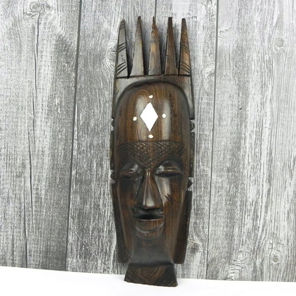 Solid Wood Bone Inlay Sculpture | Carved Face in Dark Wood | Vintage Artwork - Picture 2 of 10